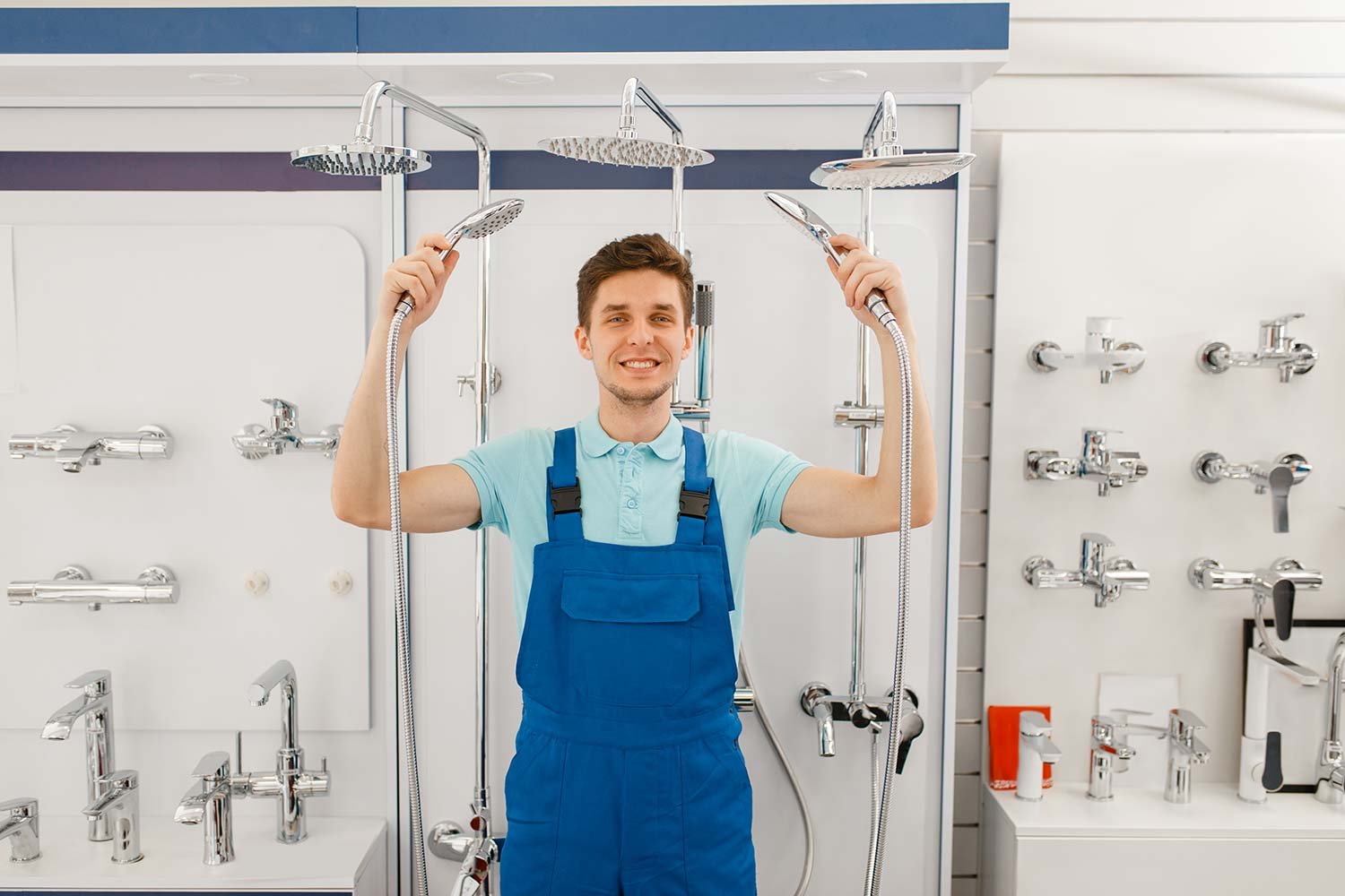plumber choosing shower in plumbering store resize 1